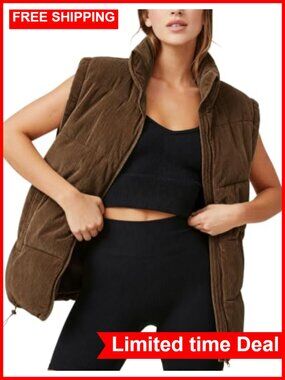 Corduroy Puffer Vest Zip Up Stand Collar Sleeveless Jacket